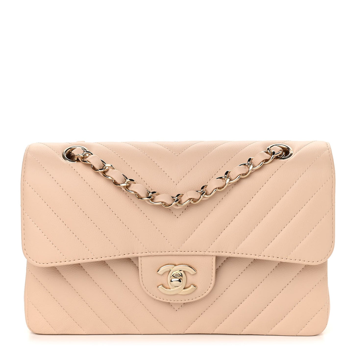 Caviar Chevron Quilted Small Double Flap Beige