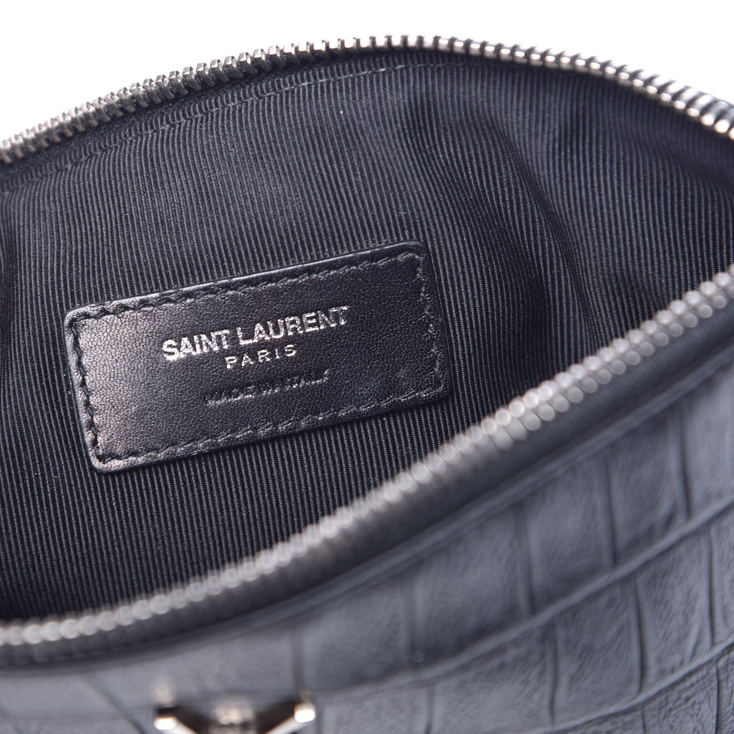 Saint Laurent Calfskin Crocodile Embossed Monogram Zip Pouch Black 7 of 8