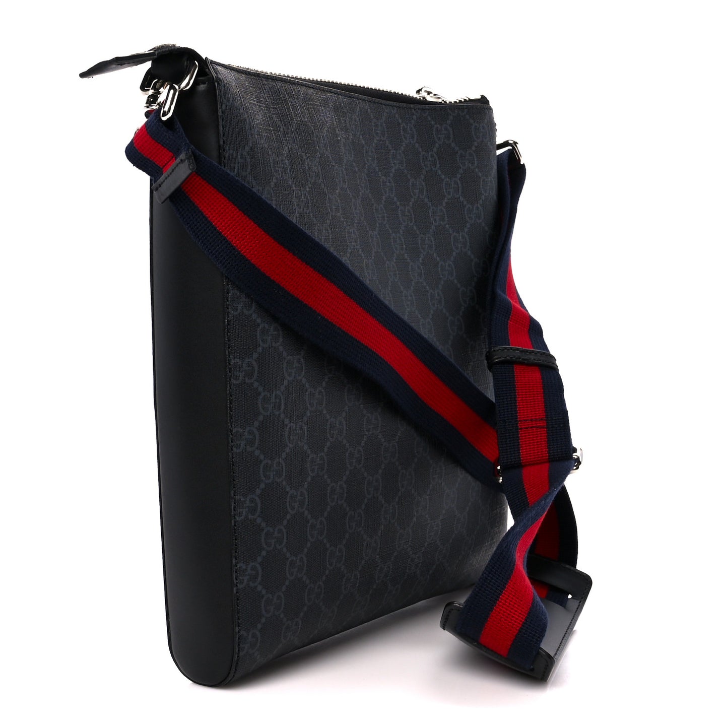 GG Supreme Monogram Appia Calfskin Web Flat Messenger Bag Black Grey