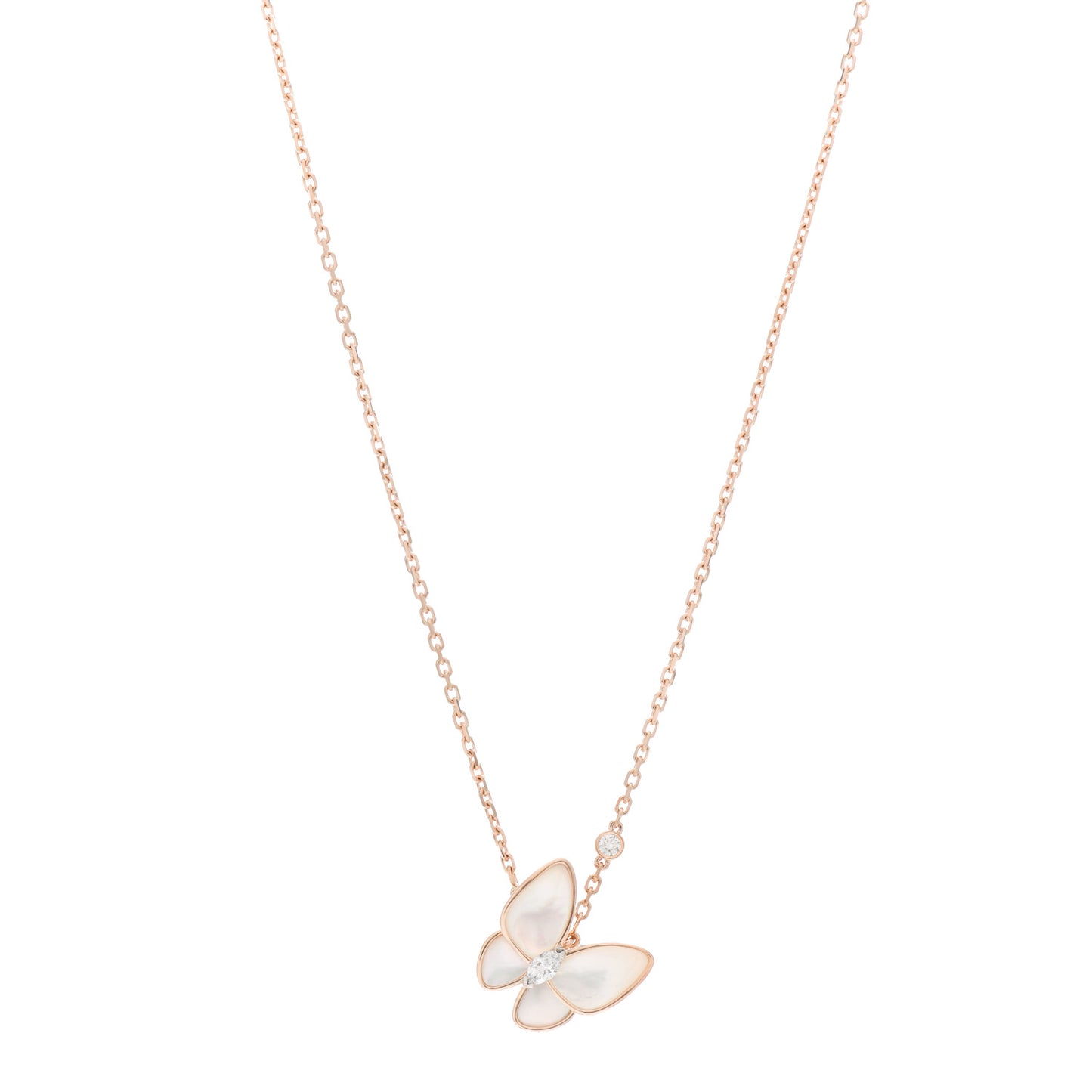 18K Rose Gold Diamond Mother of Pearl Two Butterfly Pendant Necklace