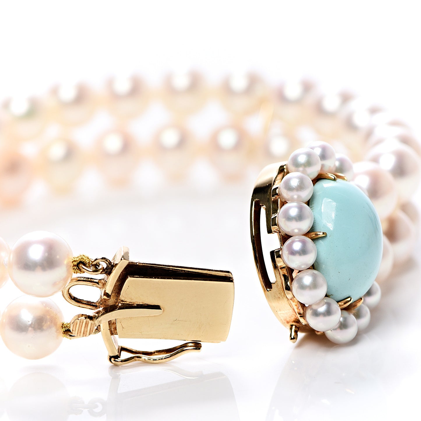 18K Yellow Gold Turquoise Akoya Pearl 3.5-7mm Double Strand Bracelet