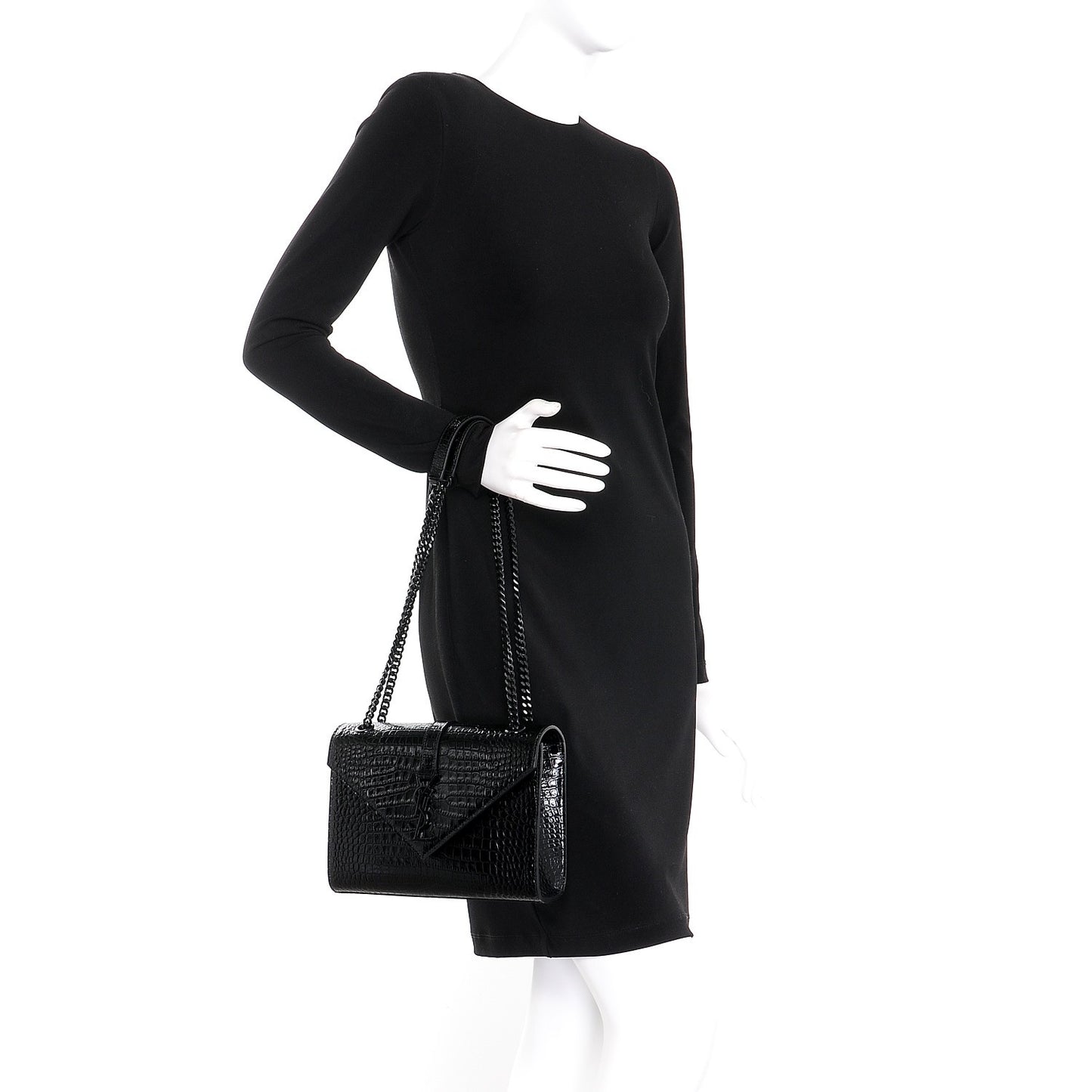 Calfskin Crocodile Embossed Monogram Large Satchel Black