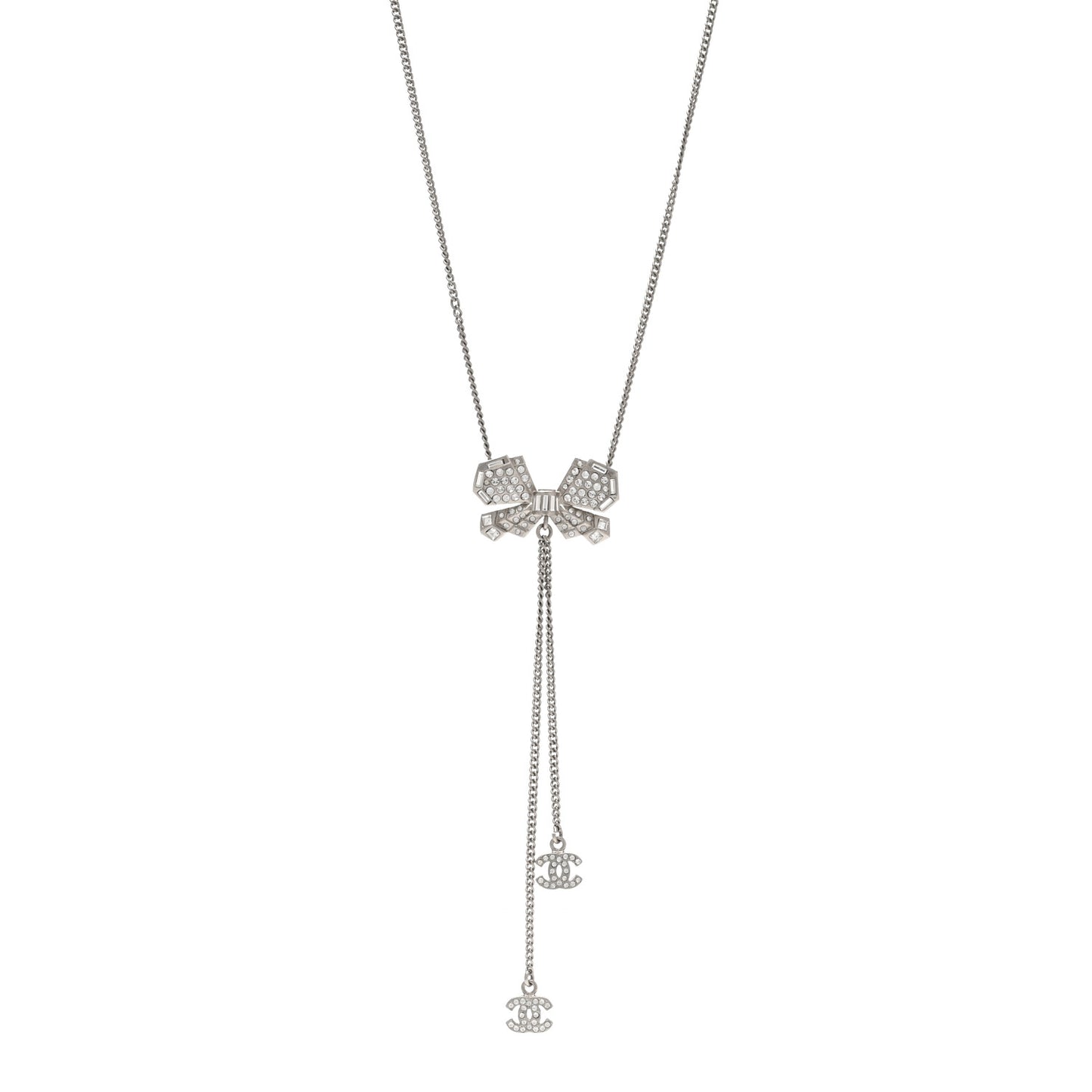 Crystal CC Bow Drop Necklace Silver