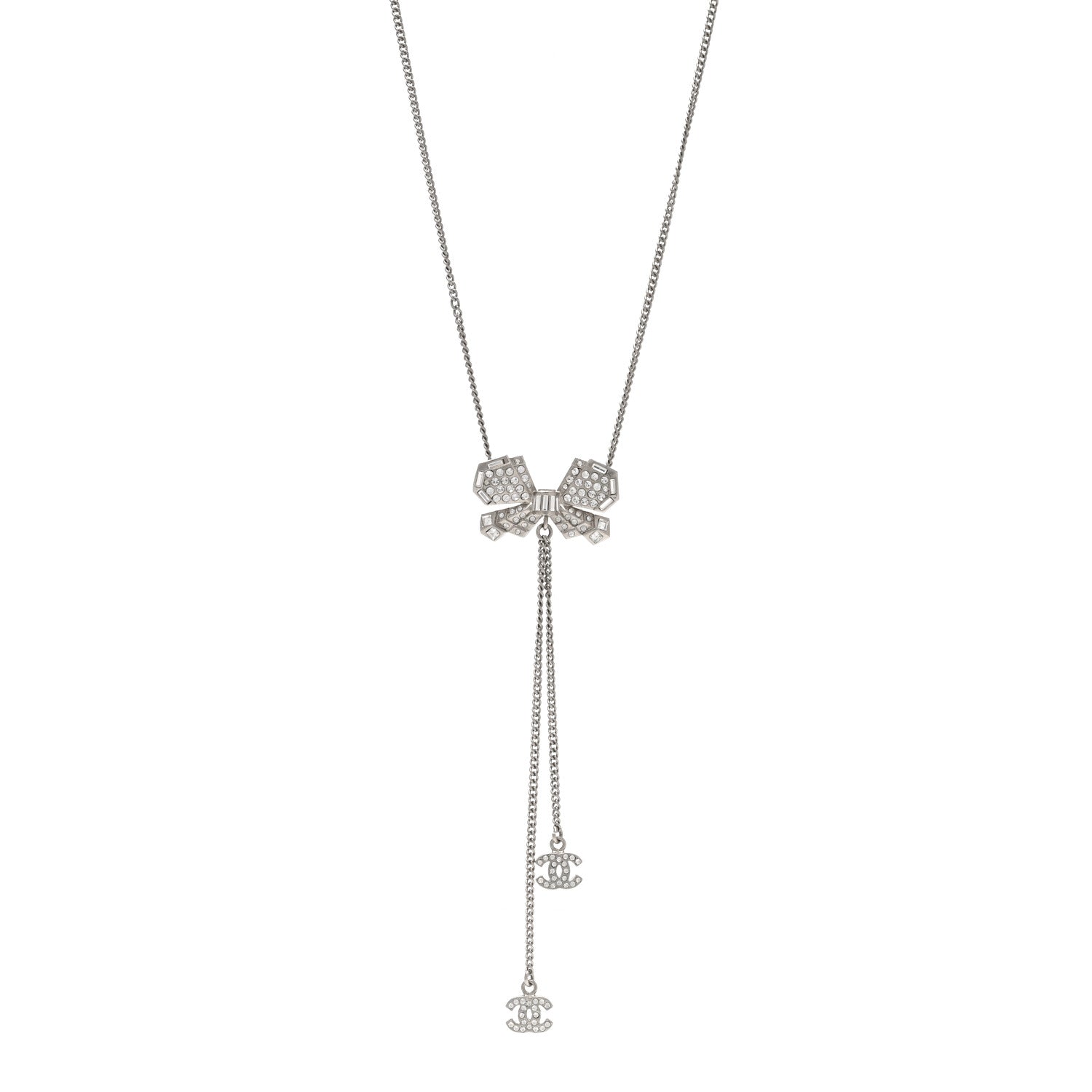 Chanel Crystal CC Bow Drop Necklace Silver 1 of 4