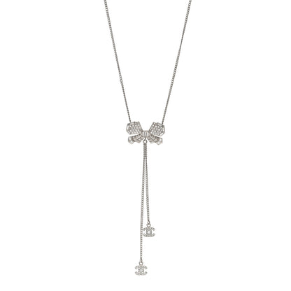 Chanel Crystal CC Bow Drop Necklace Silver 1 of 4