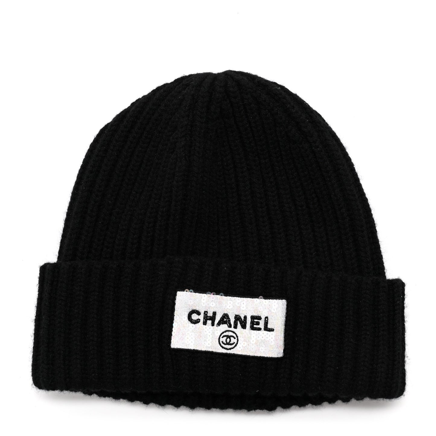 Cashmere Beaded Sequin Logo Beanie Hat Black