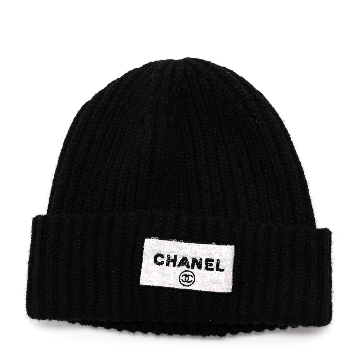 Chanel Cashmere Beaded Sequin Logo Beanie Hat Black 1 of 6
