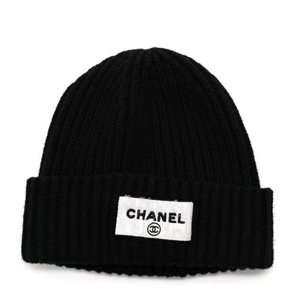 Chanel Cashmere Beaded Sequin Logo Beanie Hat Black 1 of 6
