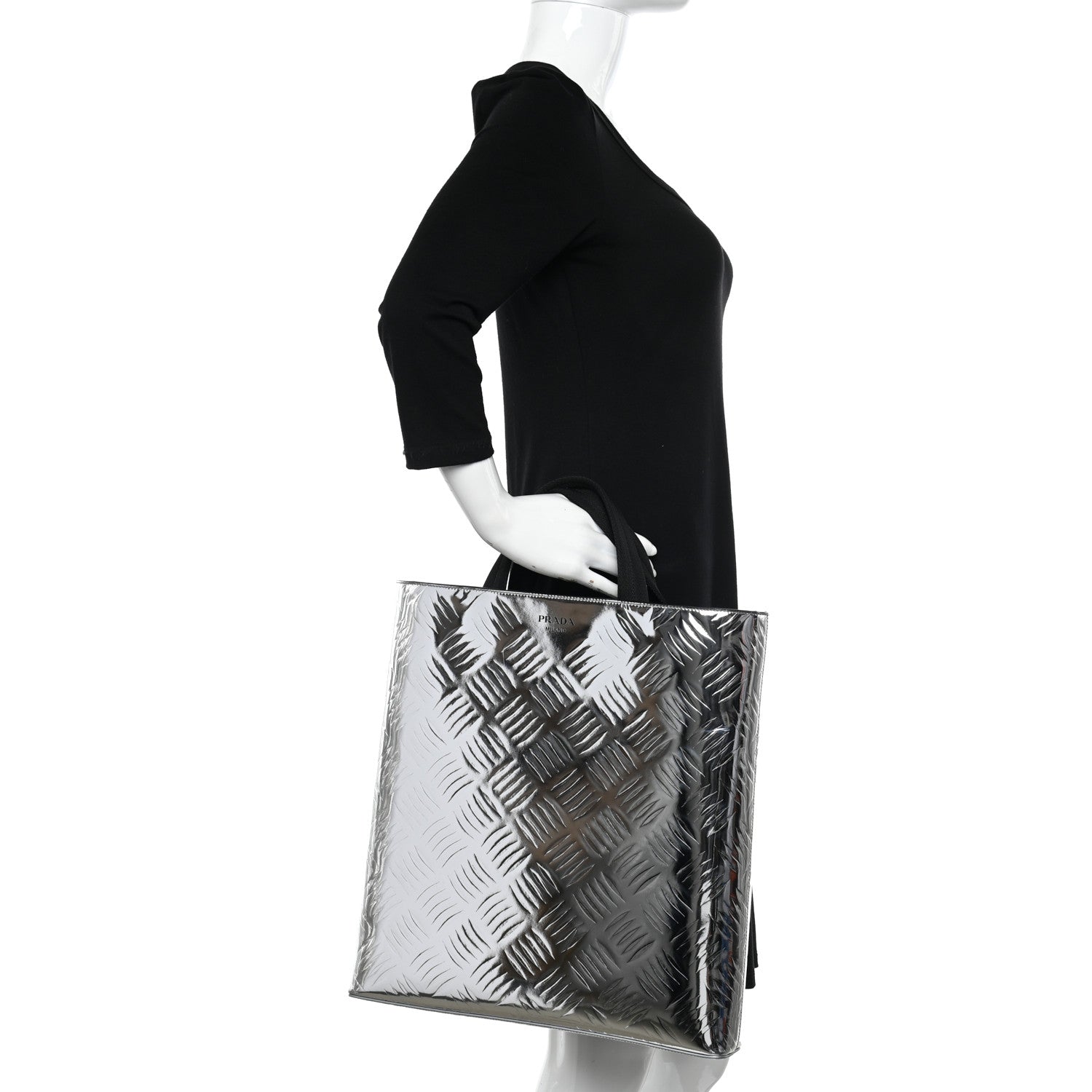 Prada Metallic Spazzolato Embossed Tote Argento 2 of 9