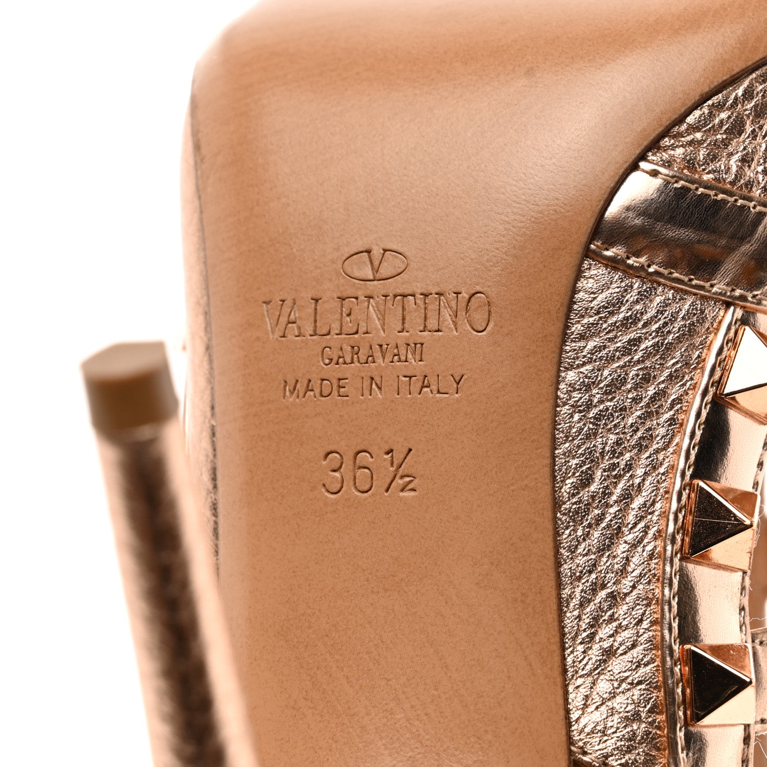 Valentino Garavani Metallic Pebbled Calfskin Rockstud Ankle Strap 100mm Pumps 36.5 Rame 8 of 9