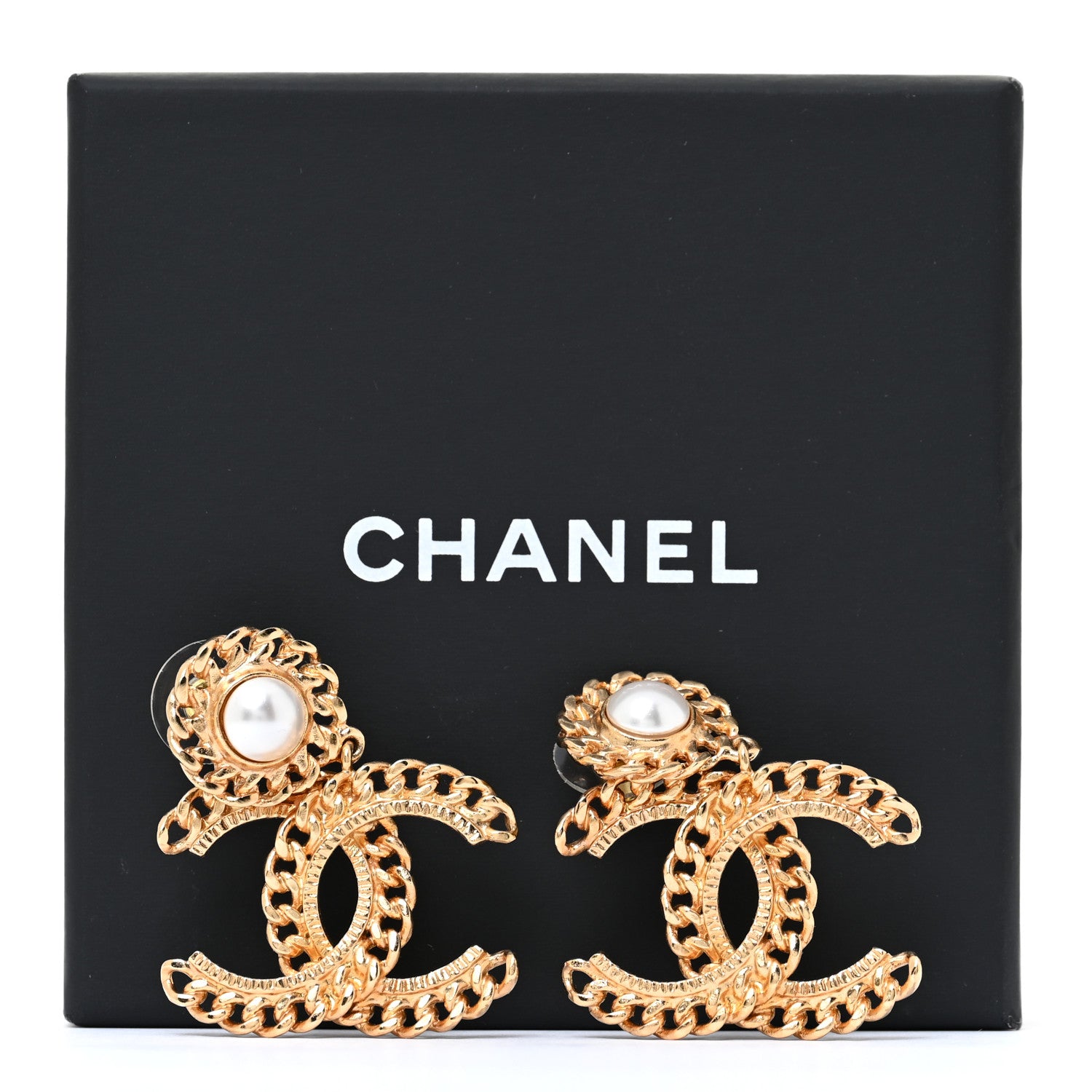 Chanel Metal Pearl CC Chain Drop Earrings Gold 5 of 5