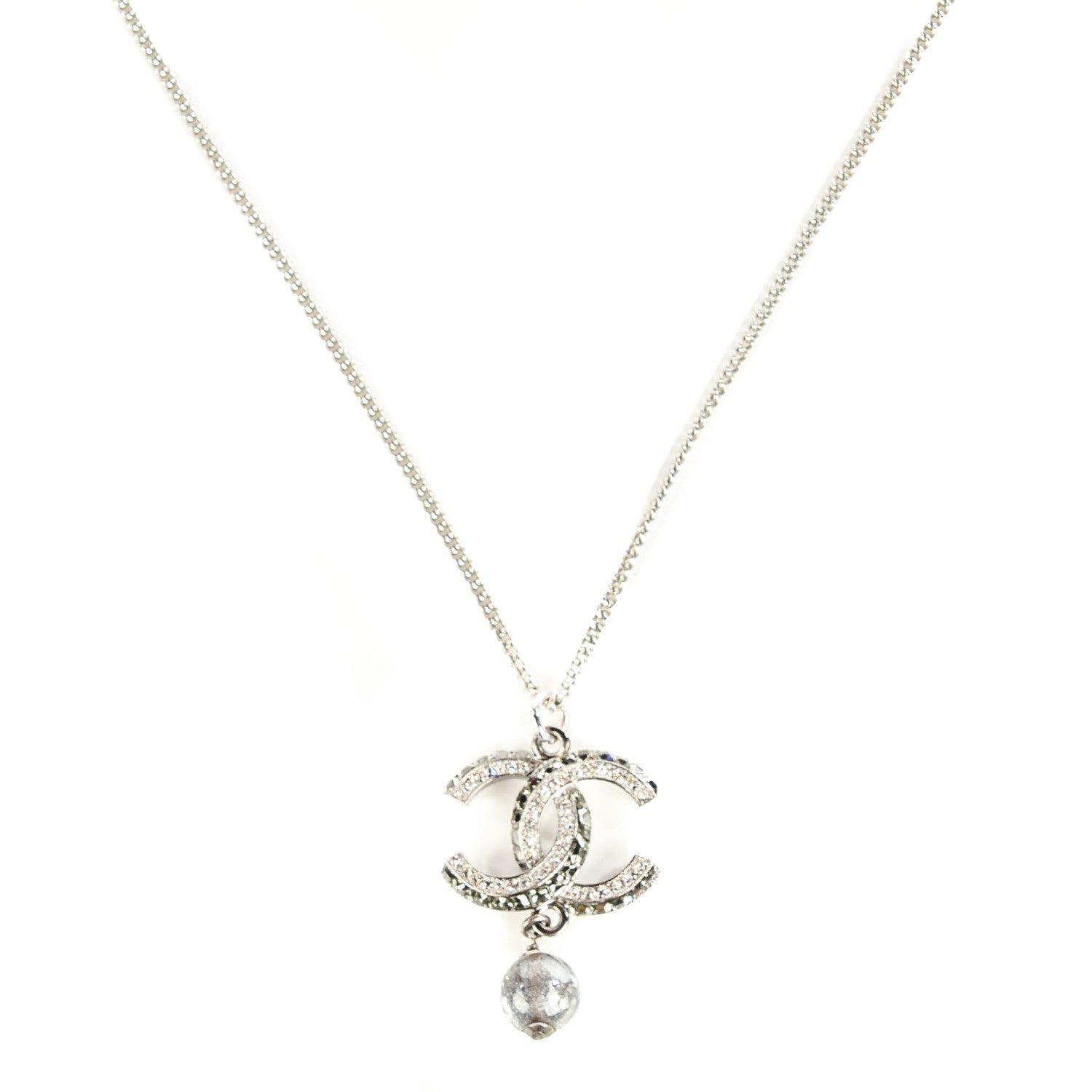 Chanel Pearl Crystal CC Necklace Silver 1 of 7