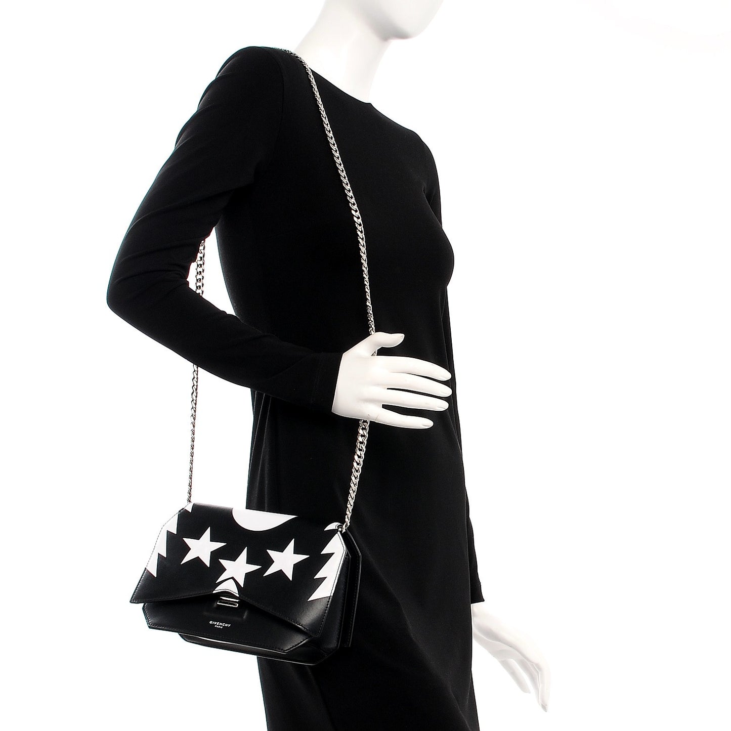 Calfskin Stars Wings Print Bow Cut Chain Bag Black White