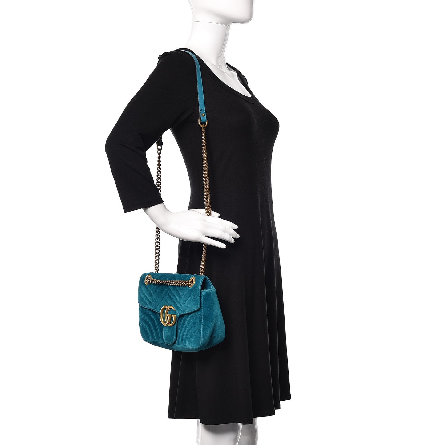 Velvet Matelasse Small GG Marmont Shoulder Bag Pavone Cyan