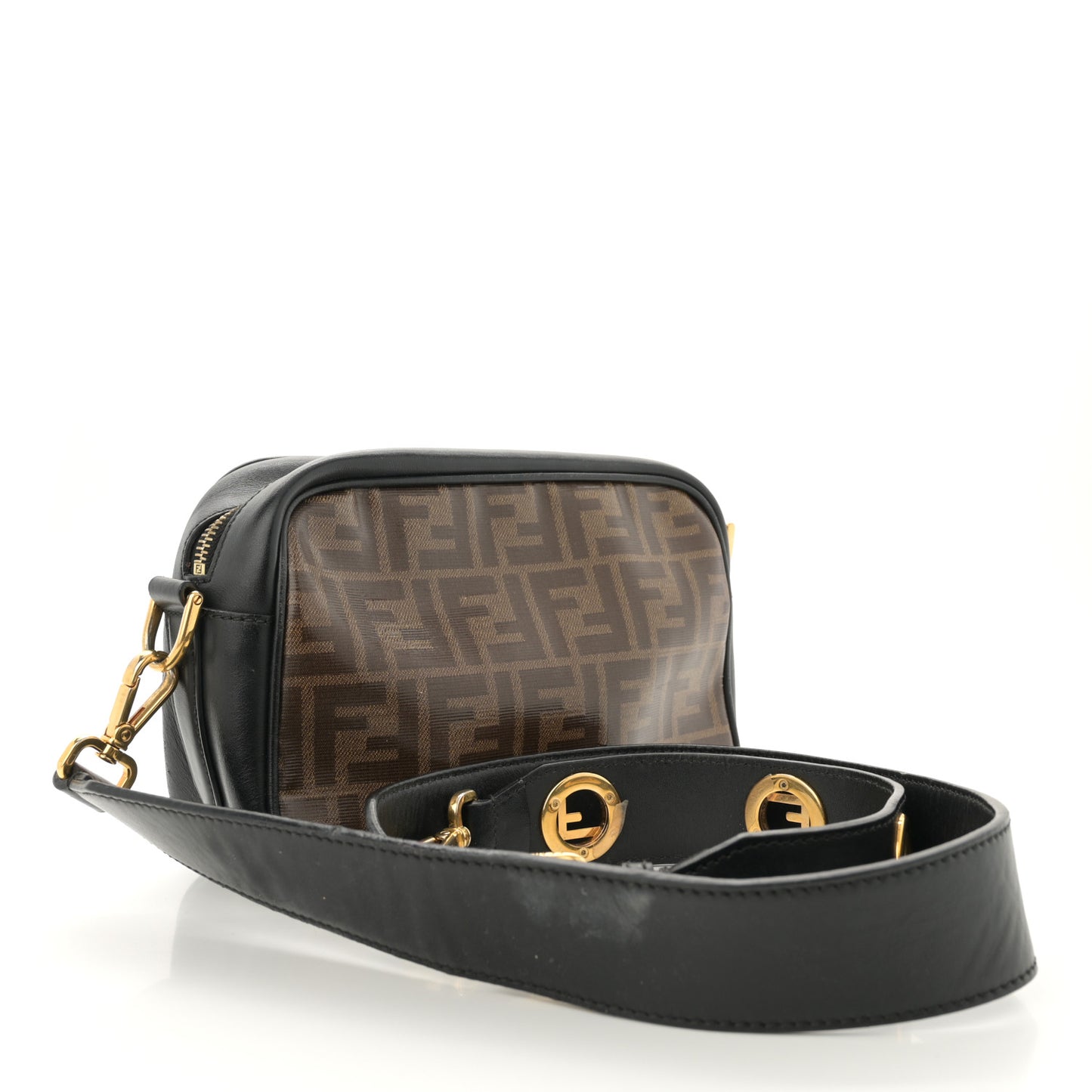 Glazed Fabric Vitello Century F is Fendi FF 1974 Stamp Patch Camera Case Mogano Panna Black