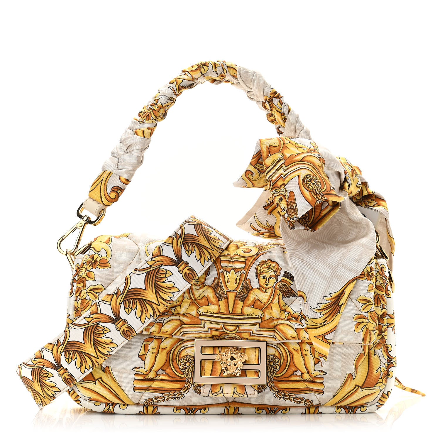 Fendi X VERSACE Silk Fendace FF Baroque Quilted Scarf Baguette White Gold 1 of 9