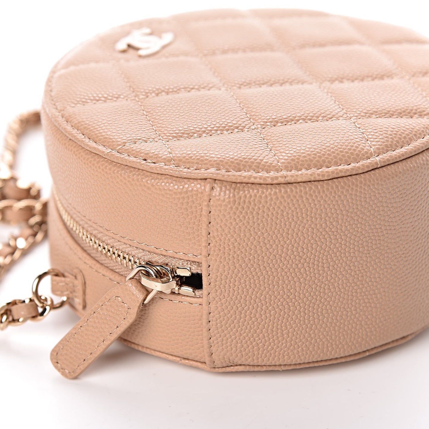 Caviar Quilted Round Clutch With Chain Beige