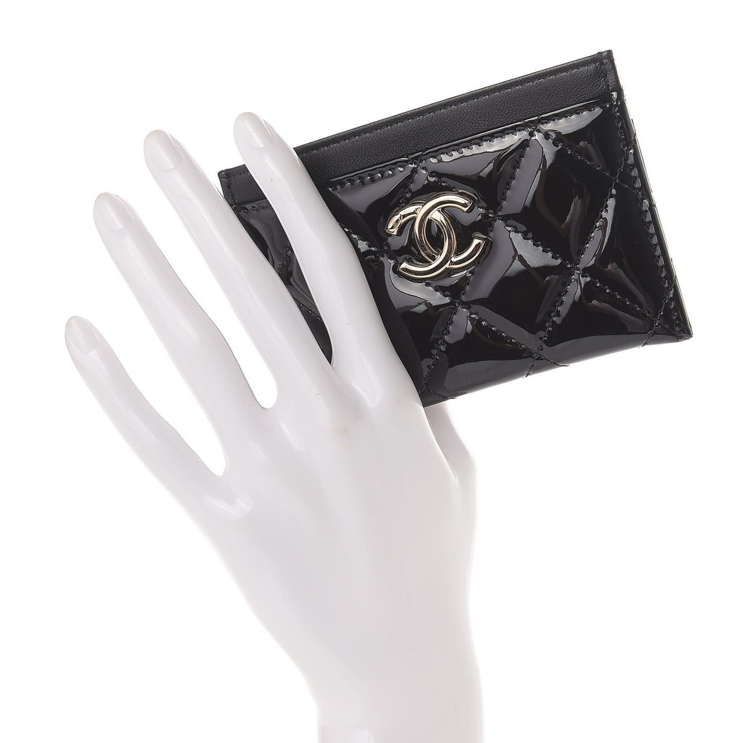 Patent Calfskin Quilted Card Holder Black