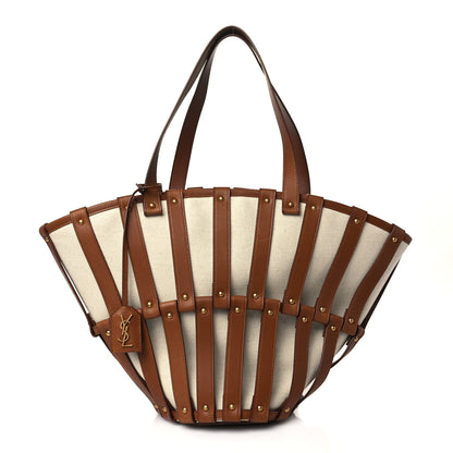 Saint Laurent Calfskin Canvas Beatrix Panier Cut Out Tote Grege Brick 1 of 9