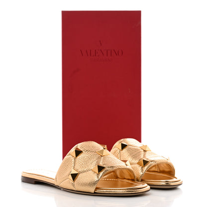 Valentino Garavani Metallic Pebbled Calfskin Roman Stud Flat Slide Sandals 39 Antique Brass 9 of 9
