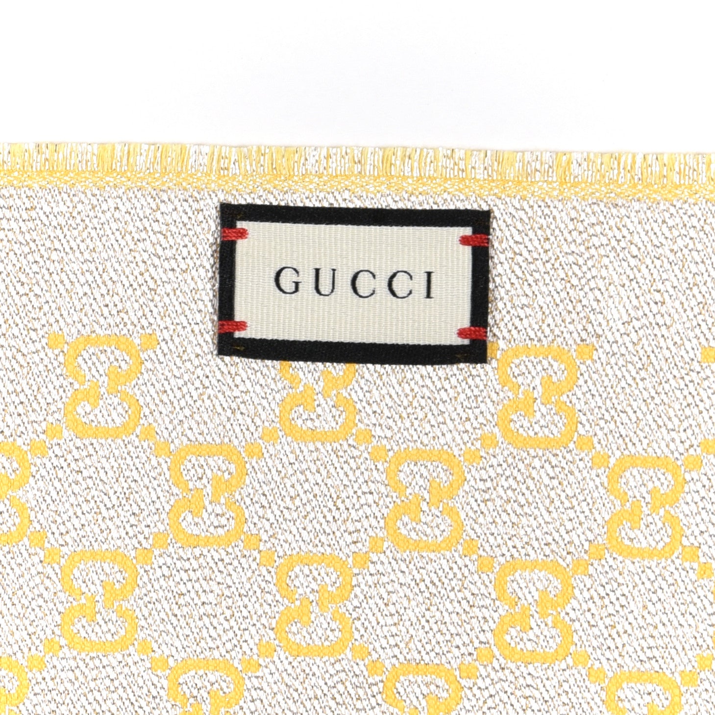 Gucci Cotton Lame GG Monogram Argentavio Fringe Scarf Lemon Light Grey 5 of 5