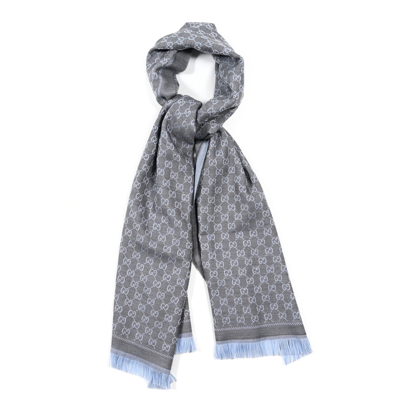 Wool GG Monogram Reversible New Sten Fringe Scarf Flannel Sky Blue