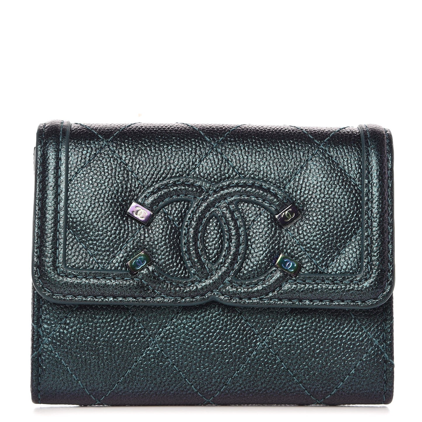 Iridescent Caviar Quilted Filigree Card Holder Dark Turquoise
