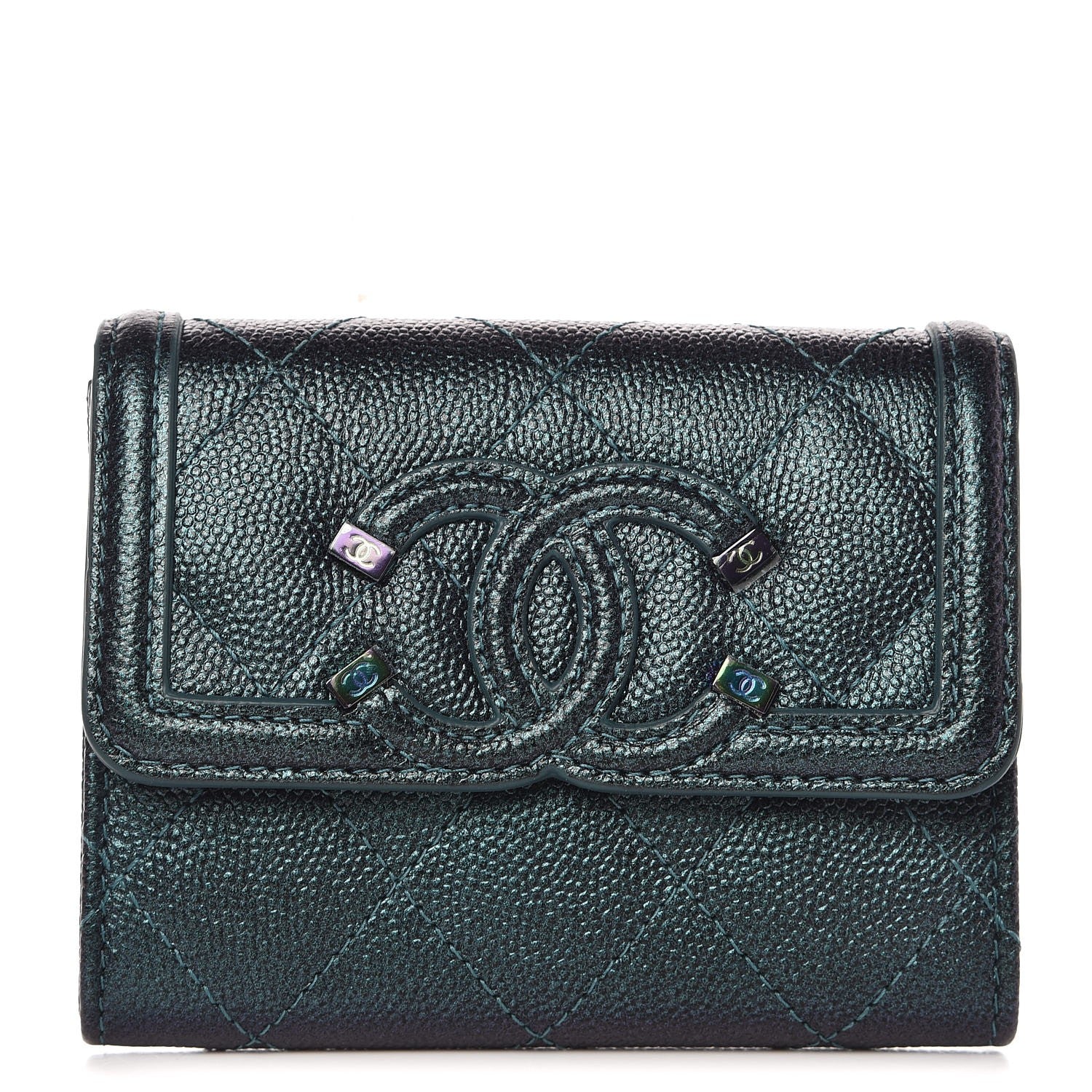Chanel Iridescent Caviar Quilted Filigree Card Holder Dark Turquoise 1 of 9