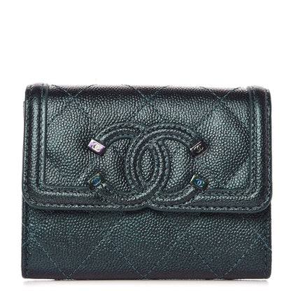 Chanel Iridescent Caviar Quilted Filigree Card Holder Dark Turquoise 1 of 9