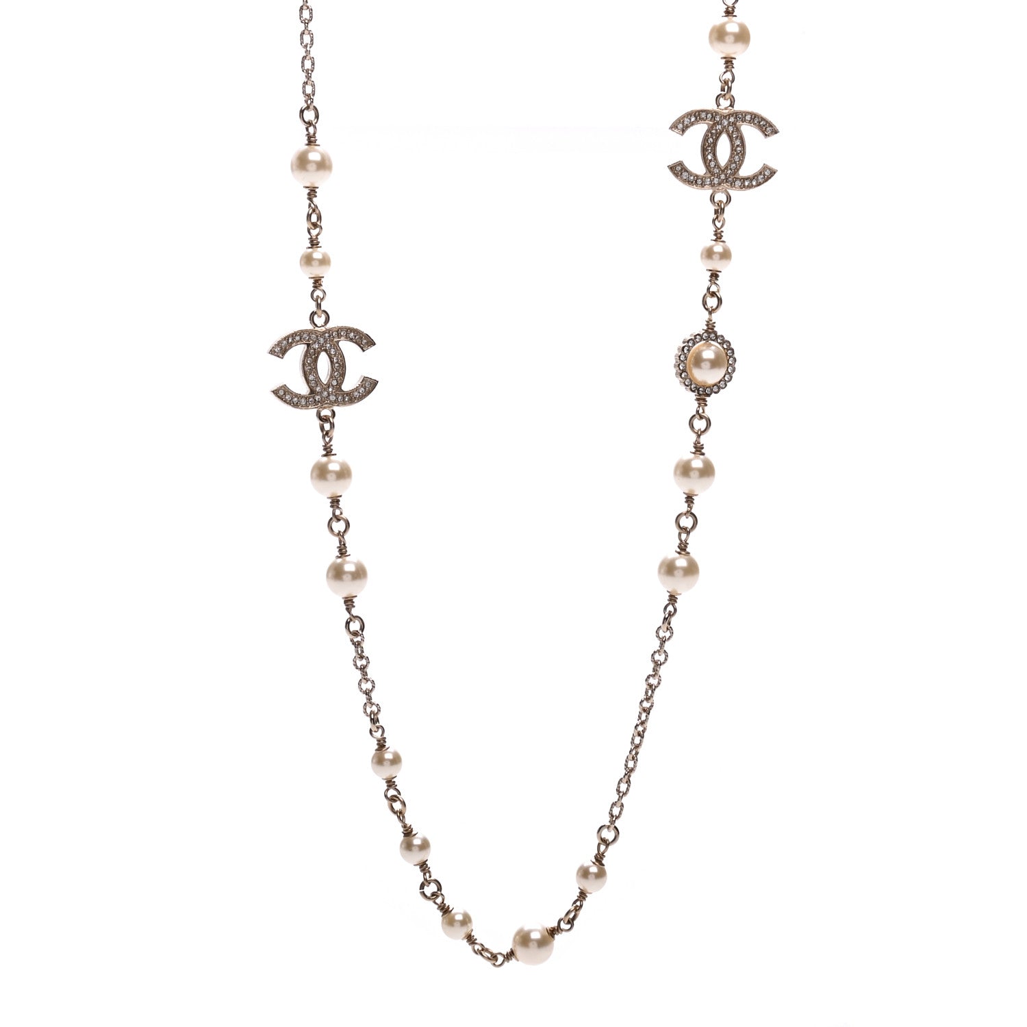 Chanel Crystal Pearl CC Long Necklace Gold 1 of 5