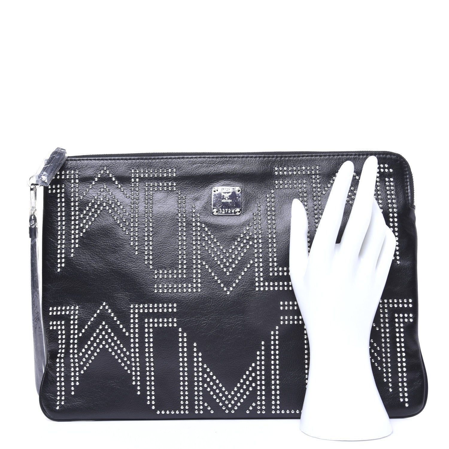 MCM Lambskin Studded Wristlet Pouch Black 2 of 11