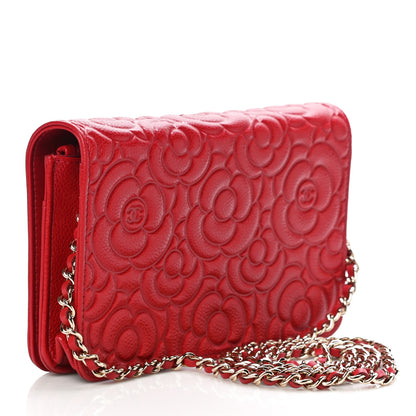 Chanel Caviar Camellia Embossed Wallet On Chain WOC Red 3 of 12