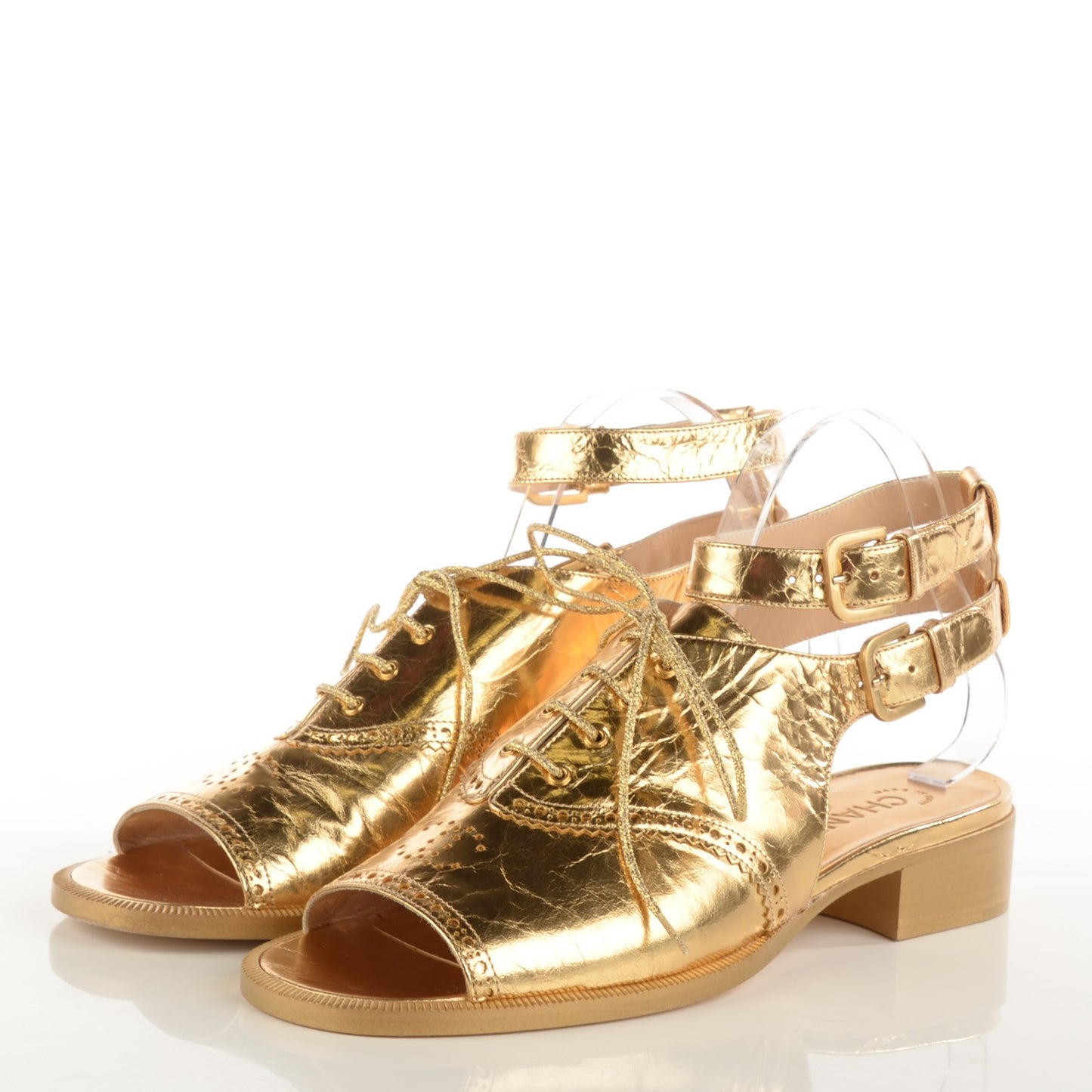 Metallic Crackled Lambskin Lace Up Sandals 40 Gold