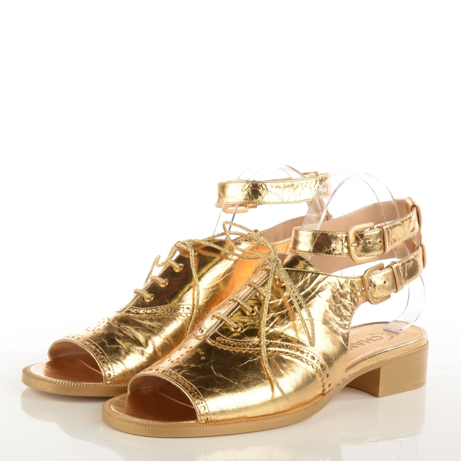 Chanel Metallic Crackled Lambskin Lace Up Sandals 40 Gold 3 of 8