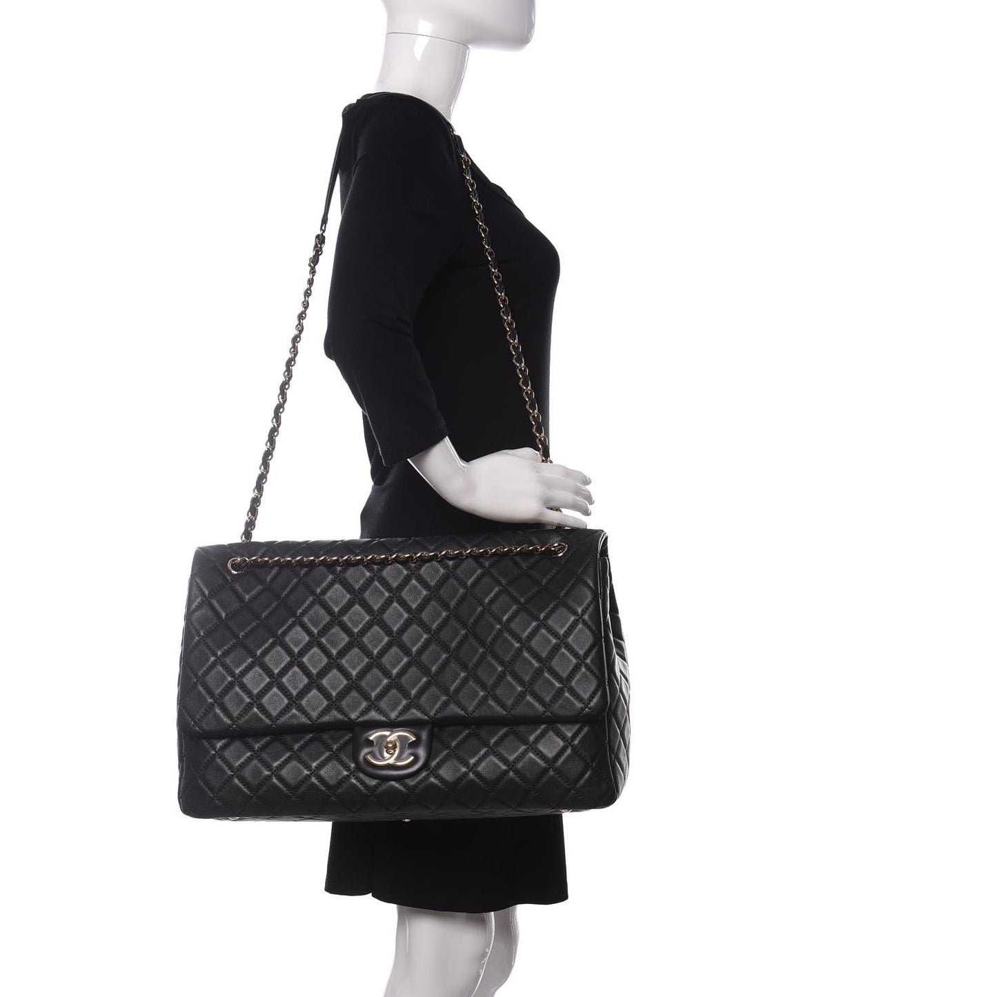 Calfskin Quilted XXL Travel Flap Bag Black