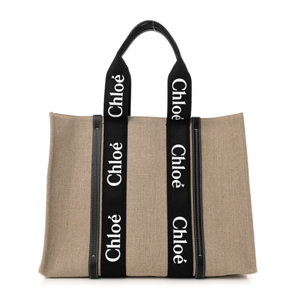 Chloe Linen Calfskin Large Woody Ribbon Tote Black Blue 1 of 10