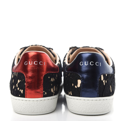 Gucci Lace Crystal Sylvie Web Flower Leaf Womens Ace Sneakers 37.5 Black Tan Beige 7 of 11