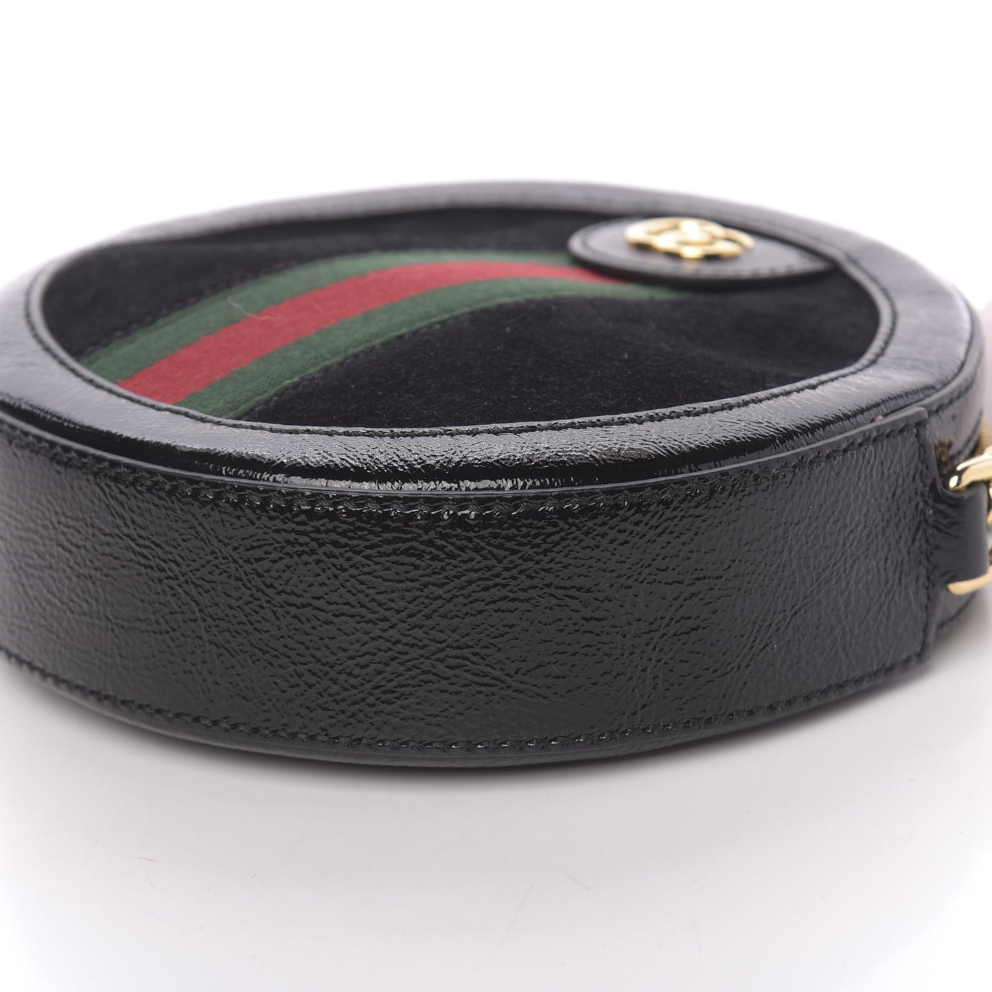 Suede Patent Web Mini Ophidia Round Shoulder Bag Black