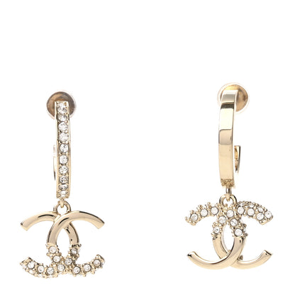 Chanel Crystal Bead CC Hoop Drop Earrings Light Gold 1 of 5