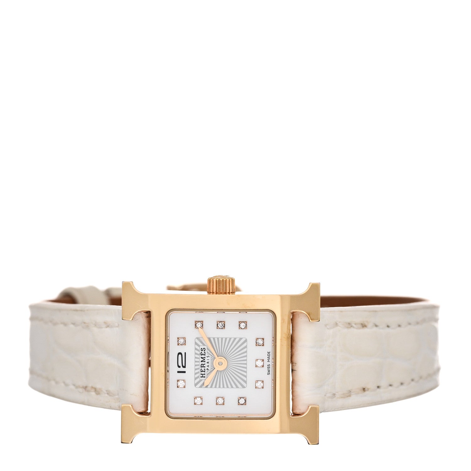 Hermes Stainless Steel Alligator Diamond Mother of Pearl 17.2mm Heure H Hour Quartz Watch Blanc 2 of 5