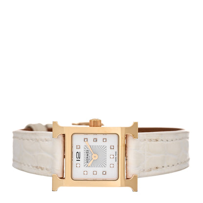 Hermes Stainless Steel Alligator Diamond Mother of Pearl 17.2mm Heure H Hour Quartz Watch Blanc 2 of 5
