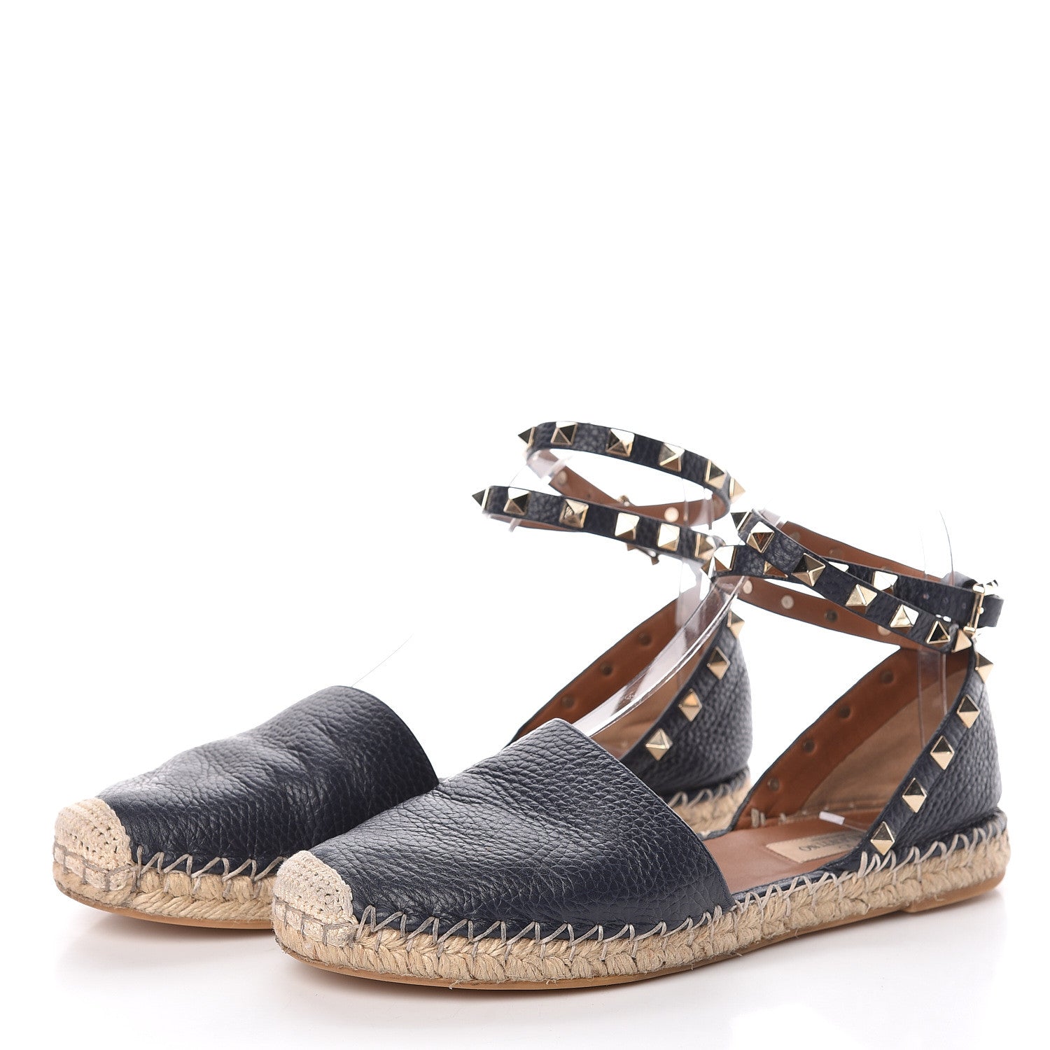 Valentino Garavani Grained Calfskin Rockstud Ankle Wrap Espadrille 20mm Flats 37 Black Light Cuir Natural 3 of 10