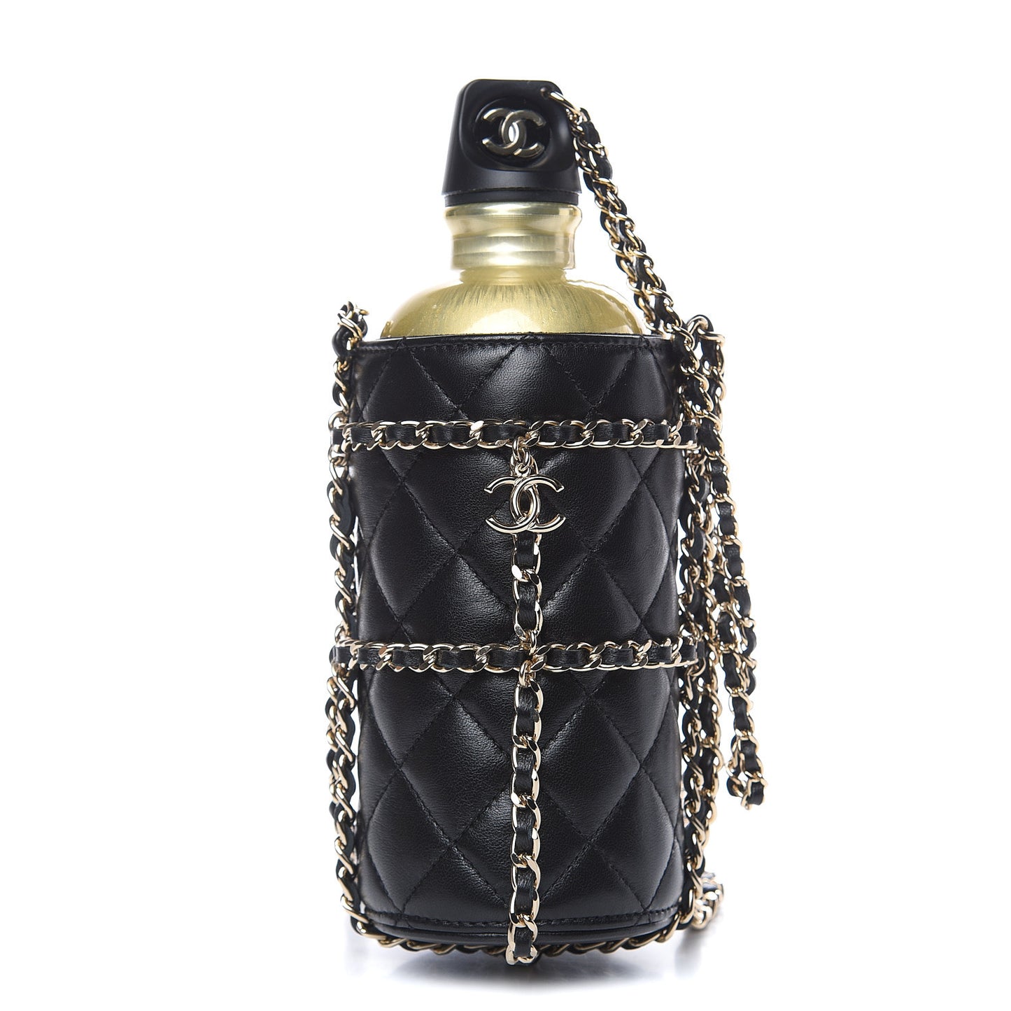 Lambskin Quilted CC To Drink Water Bottle Black Gold