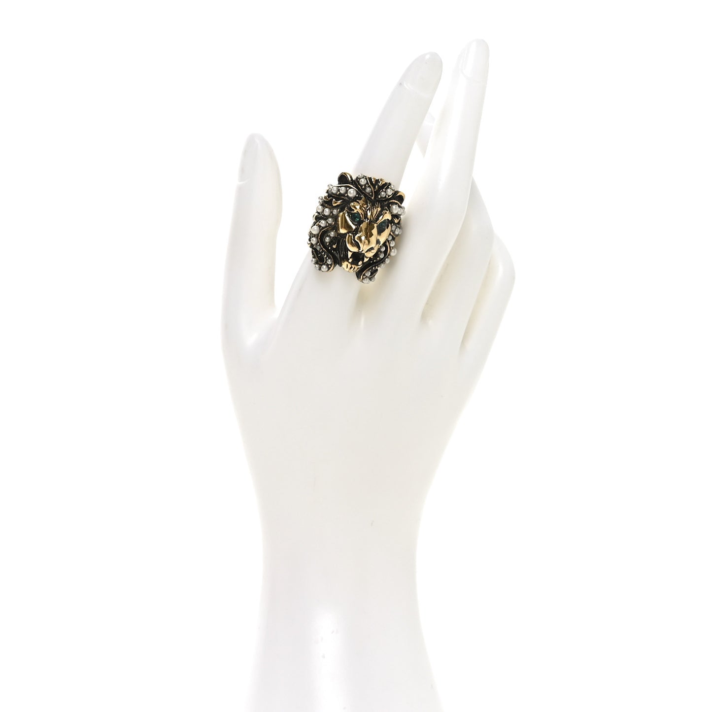Metal Pearl Crystal Lion Head Ring 58 8.25 Aged Gold