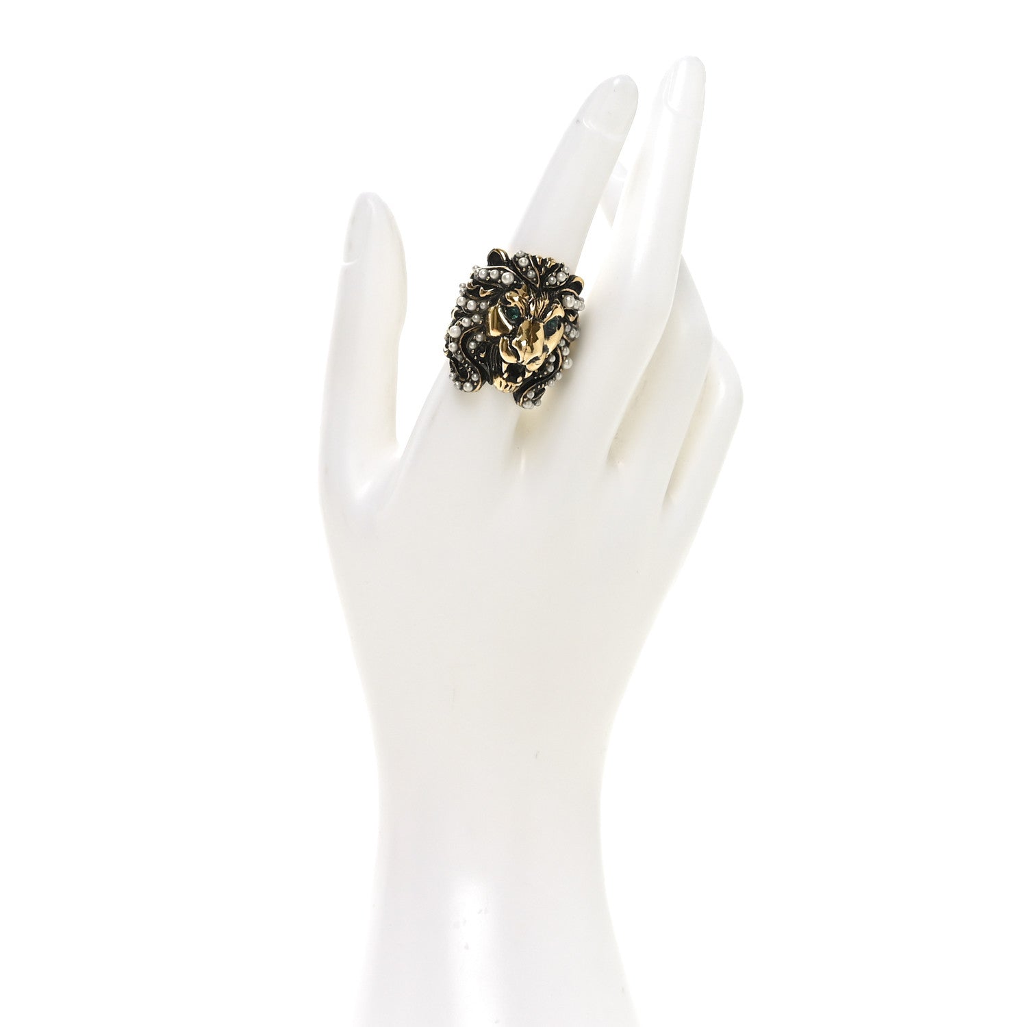 Gucci Metal Pearl Crystal Lion Head Ring 58 8.25 Aged Gold 2 of 4