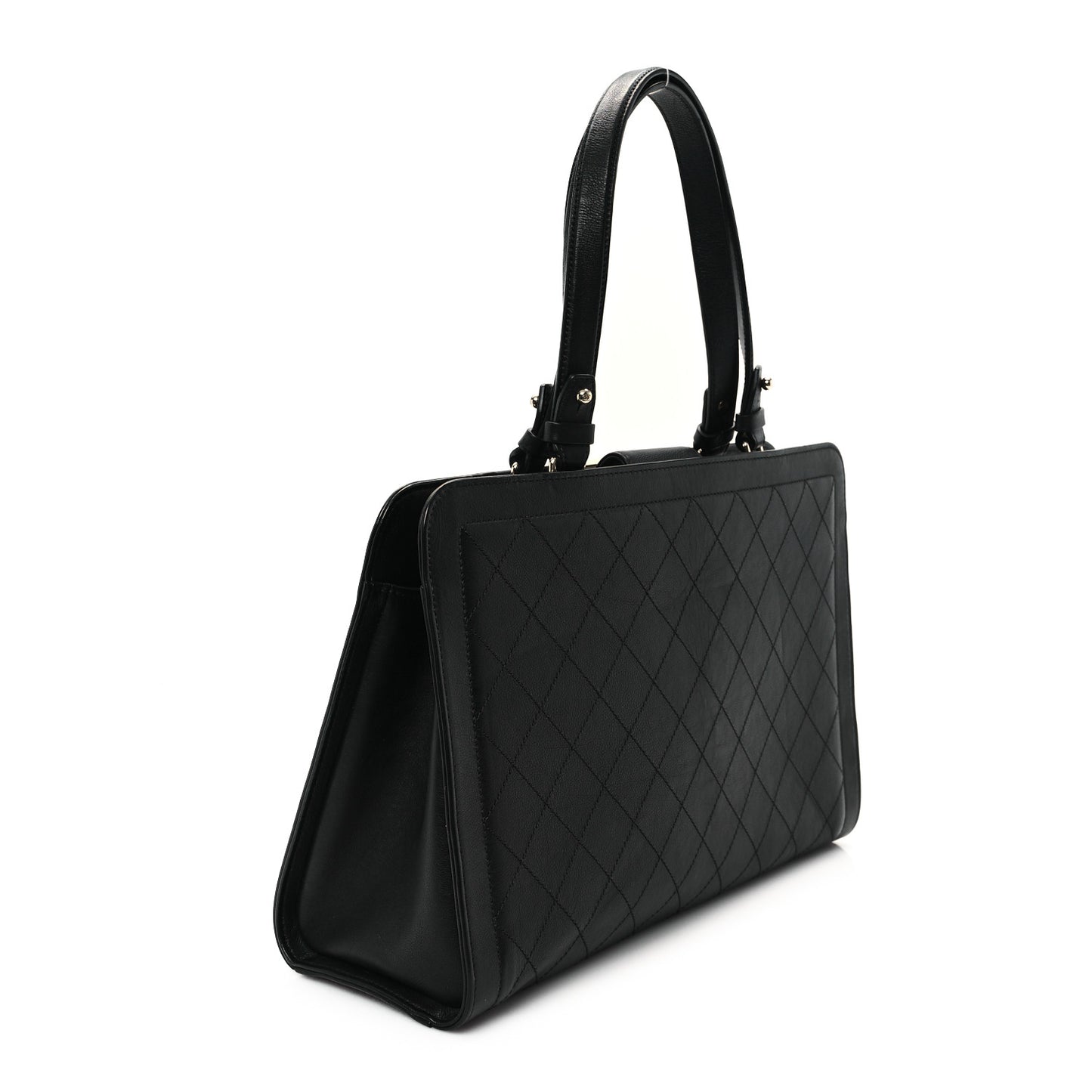 Grained Calfskin Stitched Large Label Click Shopper Tote Black