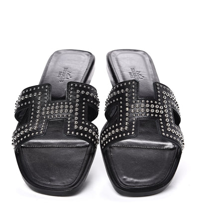 Hermes Calfskin Studded Oran Sandals 38.5 Black 5 of 10