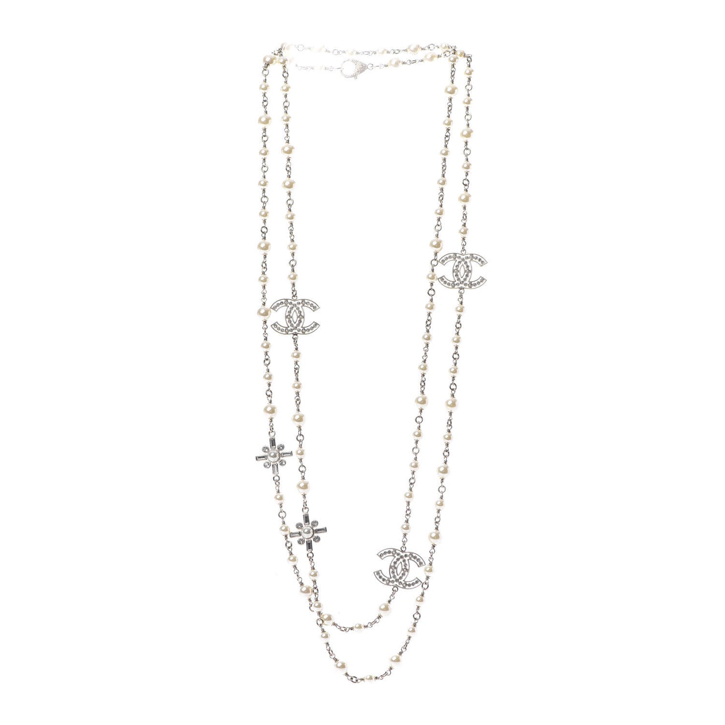 Crystal Baguette Pearl CC Cross Necklace Gold