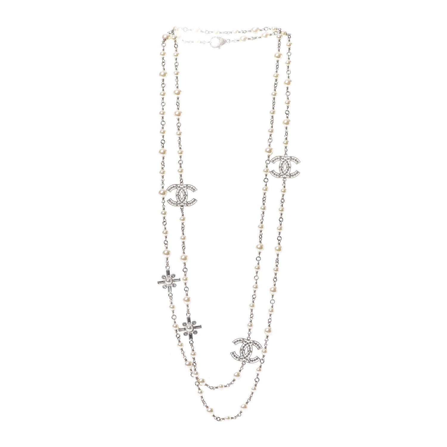 Chanel Crystal Baguette Pearl CC Cross Necklace Gold 3 of 6