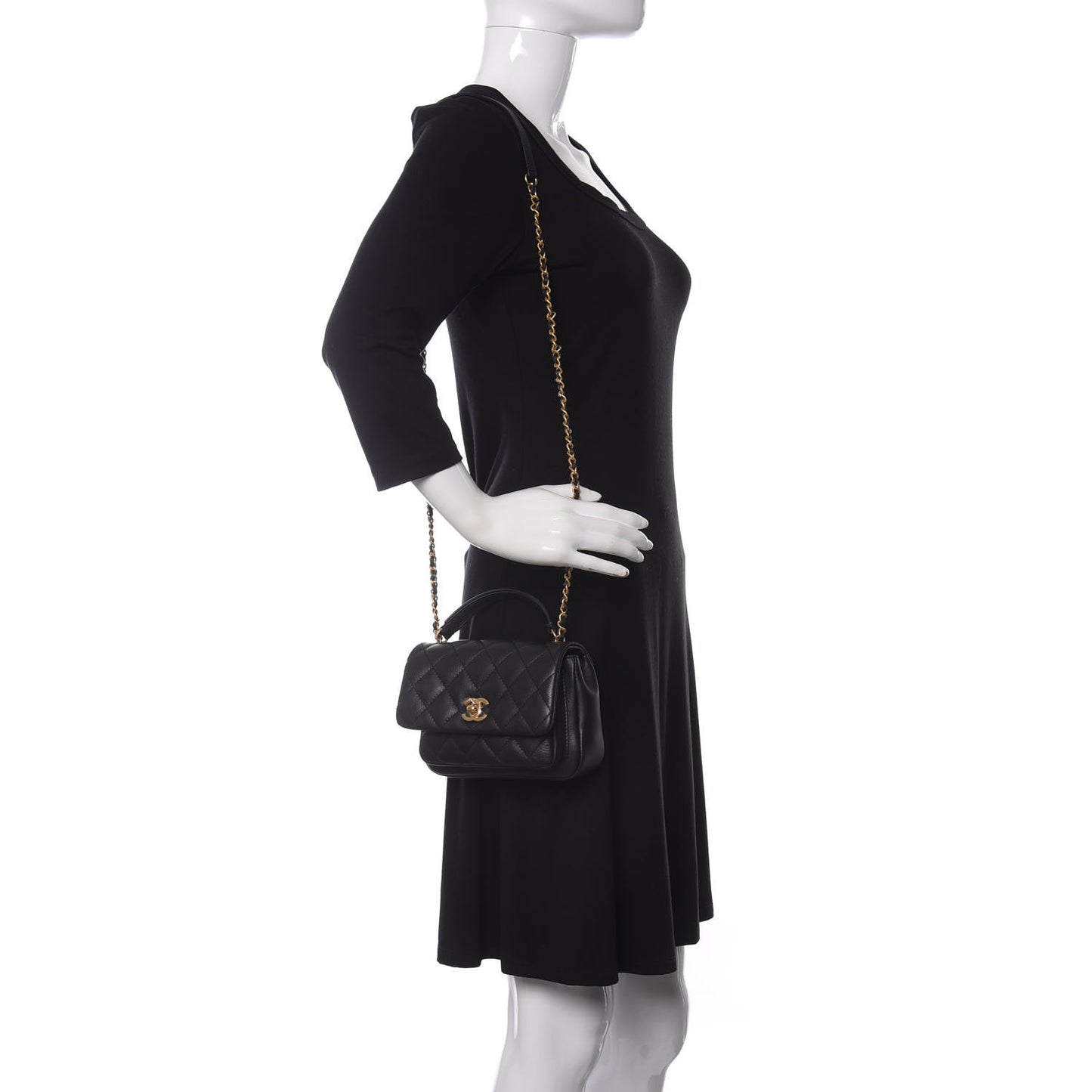 Calfskin Quilted Top Handle Flap Black